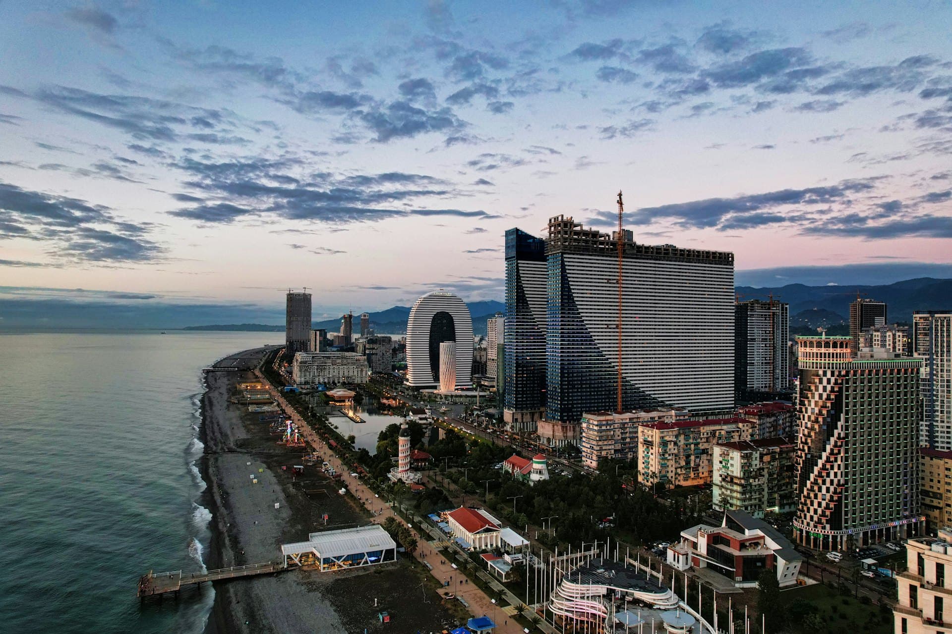 Batumi seafront skyline on the Black Sea at dusk