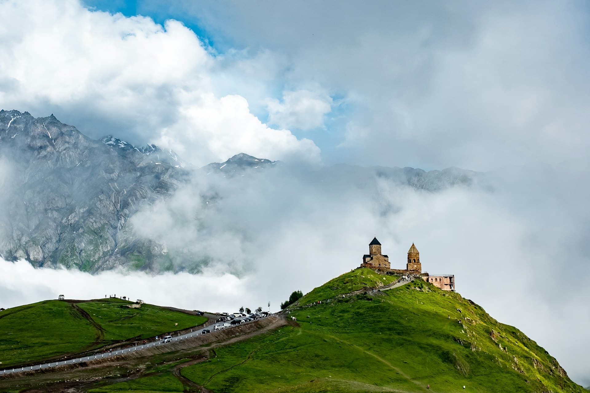 The Georgian Military Highway winding up toward Kazbegi